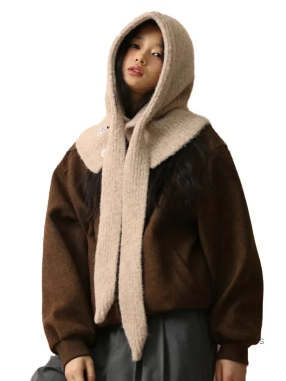 2 in 1 Knitted Hooded Scarf Balaclava Beanie Hat Winter